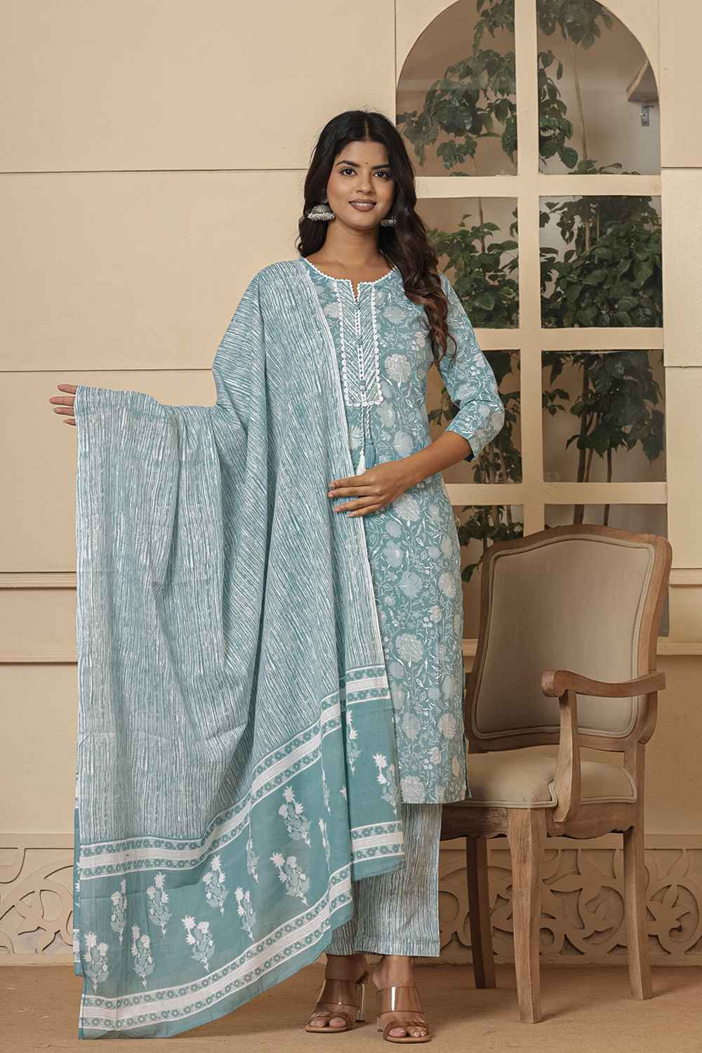 Turquoise Floral Print Sequins Work Pure Cotton Kurta Set