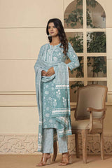 Turquoise Floral Print Sequins Work Pure Cotton Kurti Set