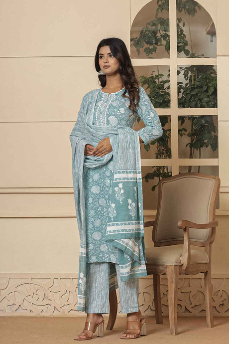 Turquoise Floral Print Sequins Work Pure Cotton Kurta Set