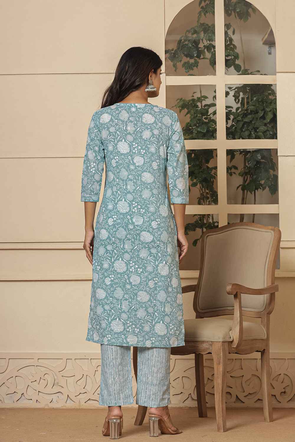 Turquoise Floral Print Sequins Work Pure Cotton Kurta Set