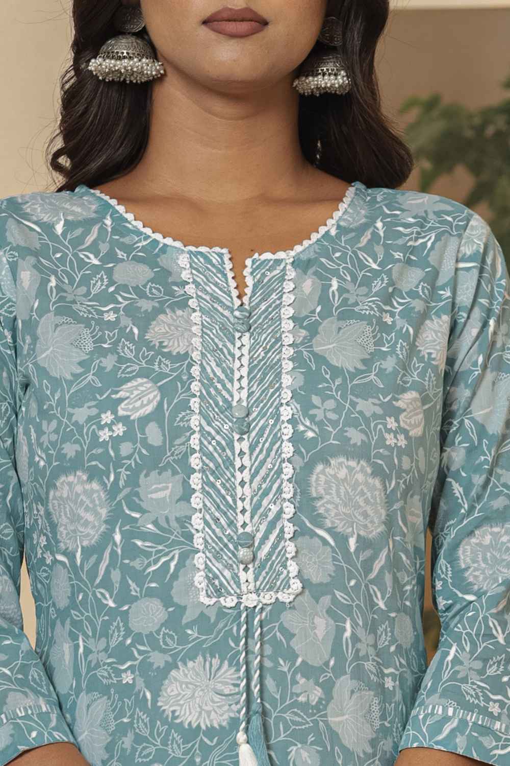 Turquoise Floral Print Sequins Work Pure Cotton Kurta Set