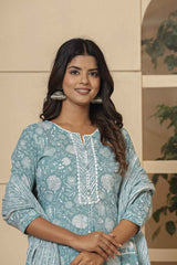 Turquoise Floral Print Sequins Work Pure Cotton Kurti Set