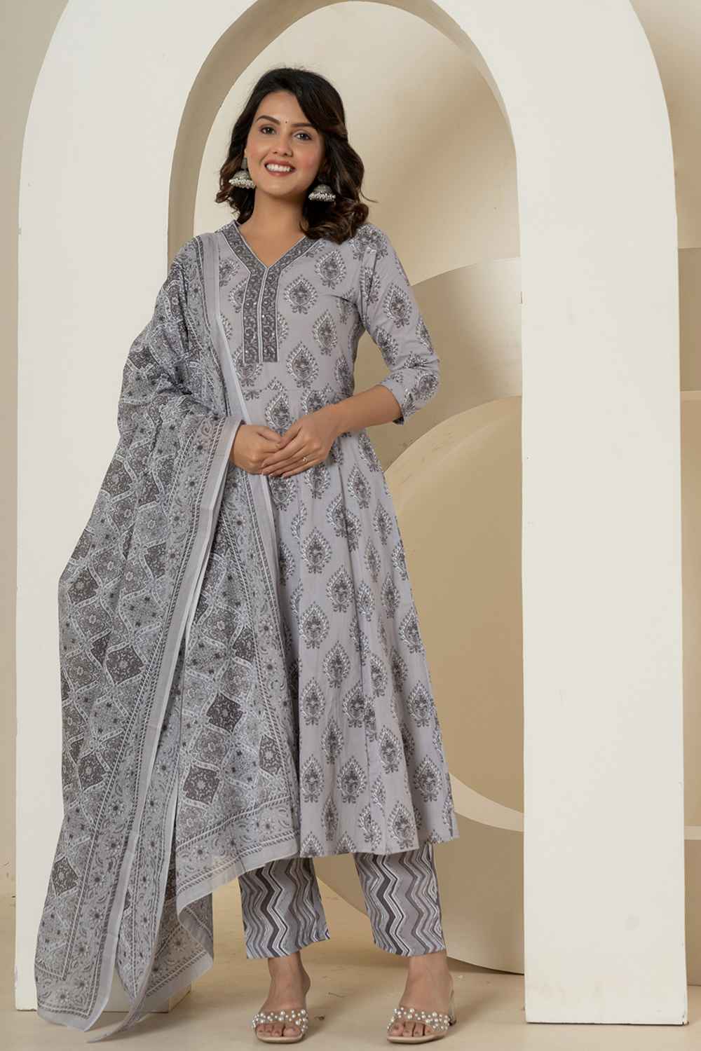 Grey Ethnic Motifs Pure Cotton Kurta Set