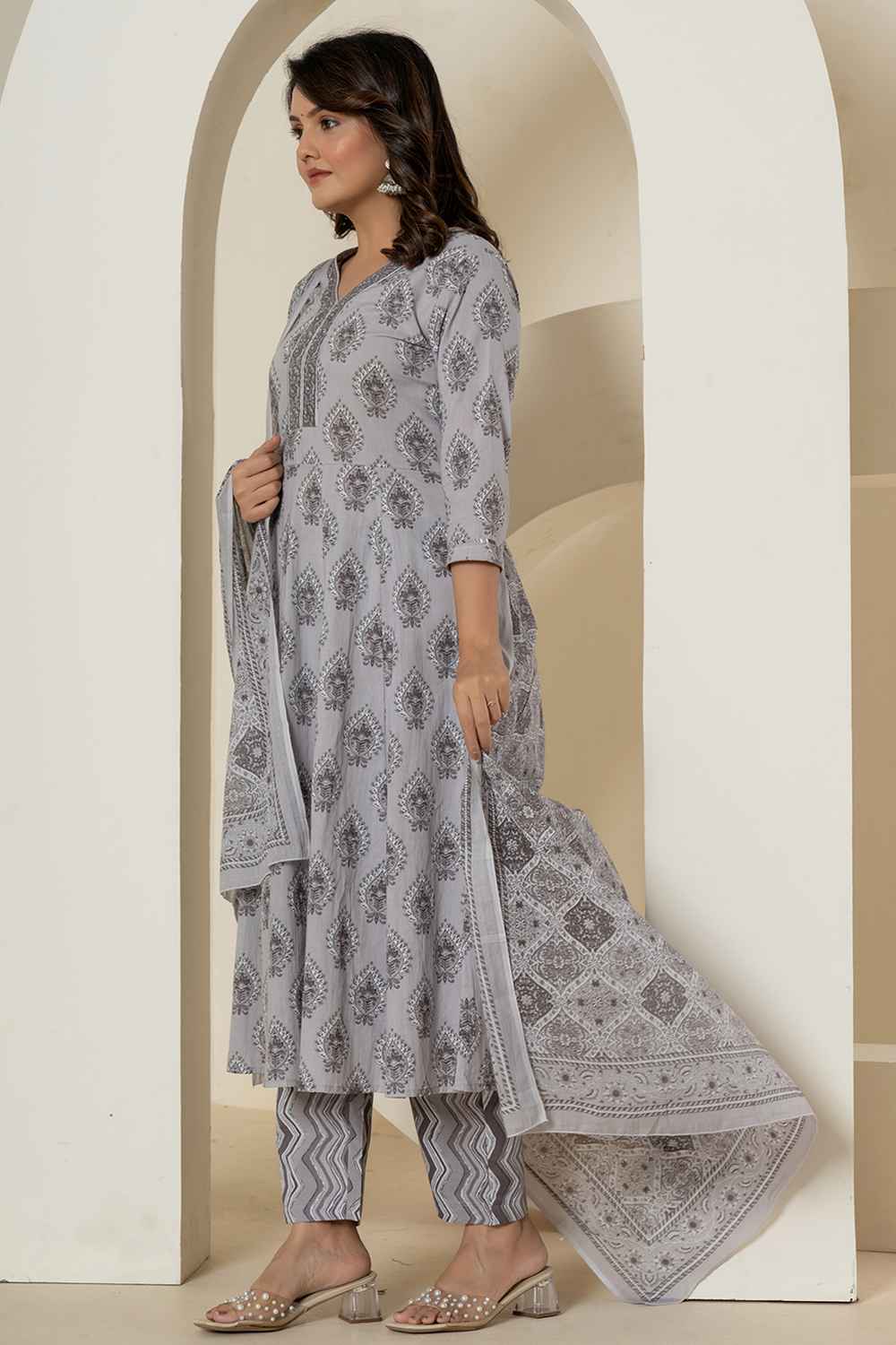 Grey Ethnic Motifs Pure Cotton Kurti Set