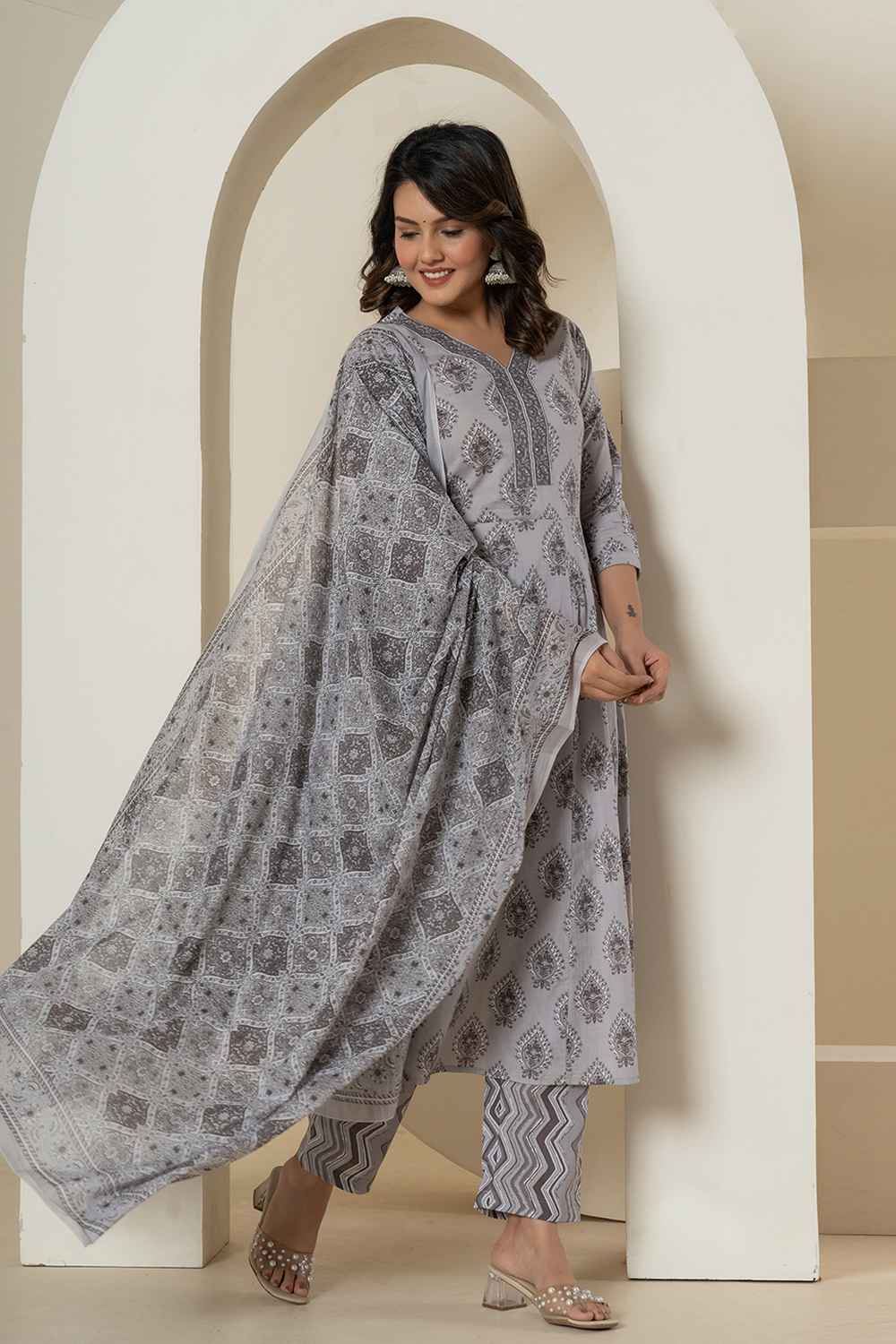 Grey Ethnic Motifs Pure Cotton Kurta Set