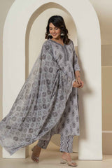 Grey Ethnic Motifs Pure Cotton Kurti Set