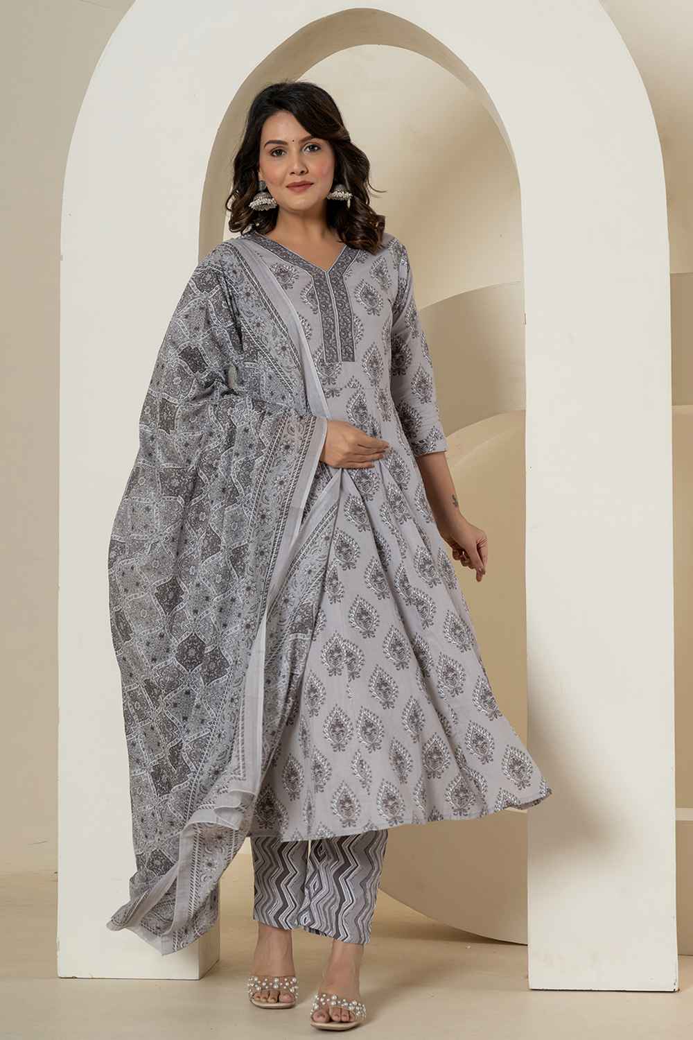 Grey Ethnic Motifs Pure Cotton Kurta Set