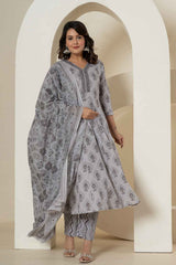 Grey Ethnic Motifs Pure Cotton Kurti Set