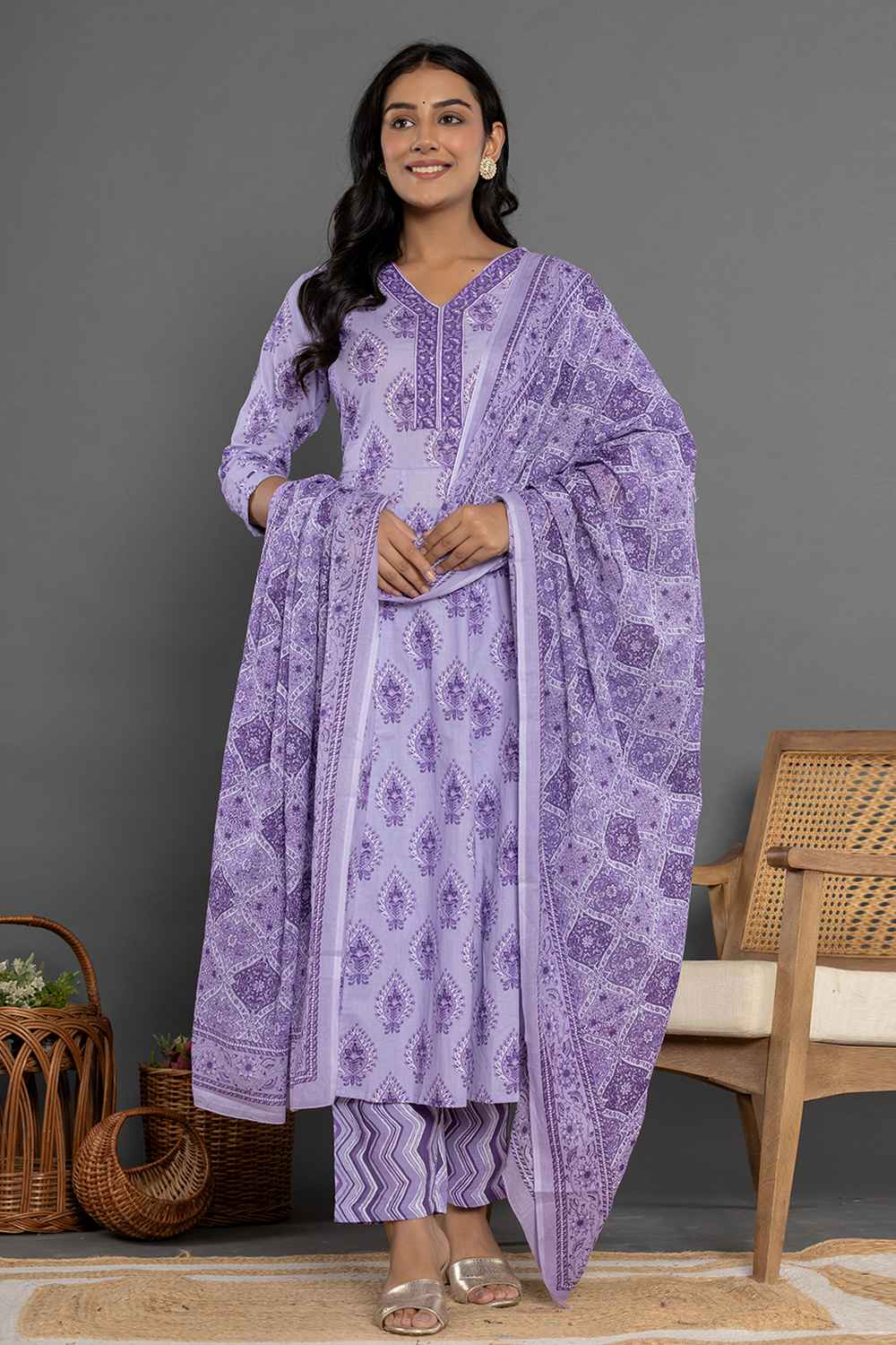 Violet Ethnic Motifs Pure Cotton Kurta Set