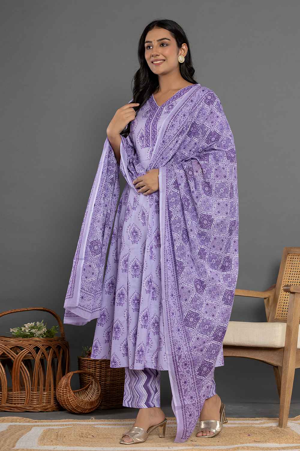 Violet Ethnic Motifs Pure Cotton Kurta Set