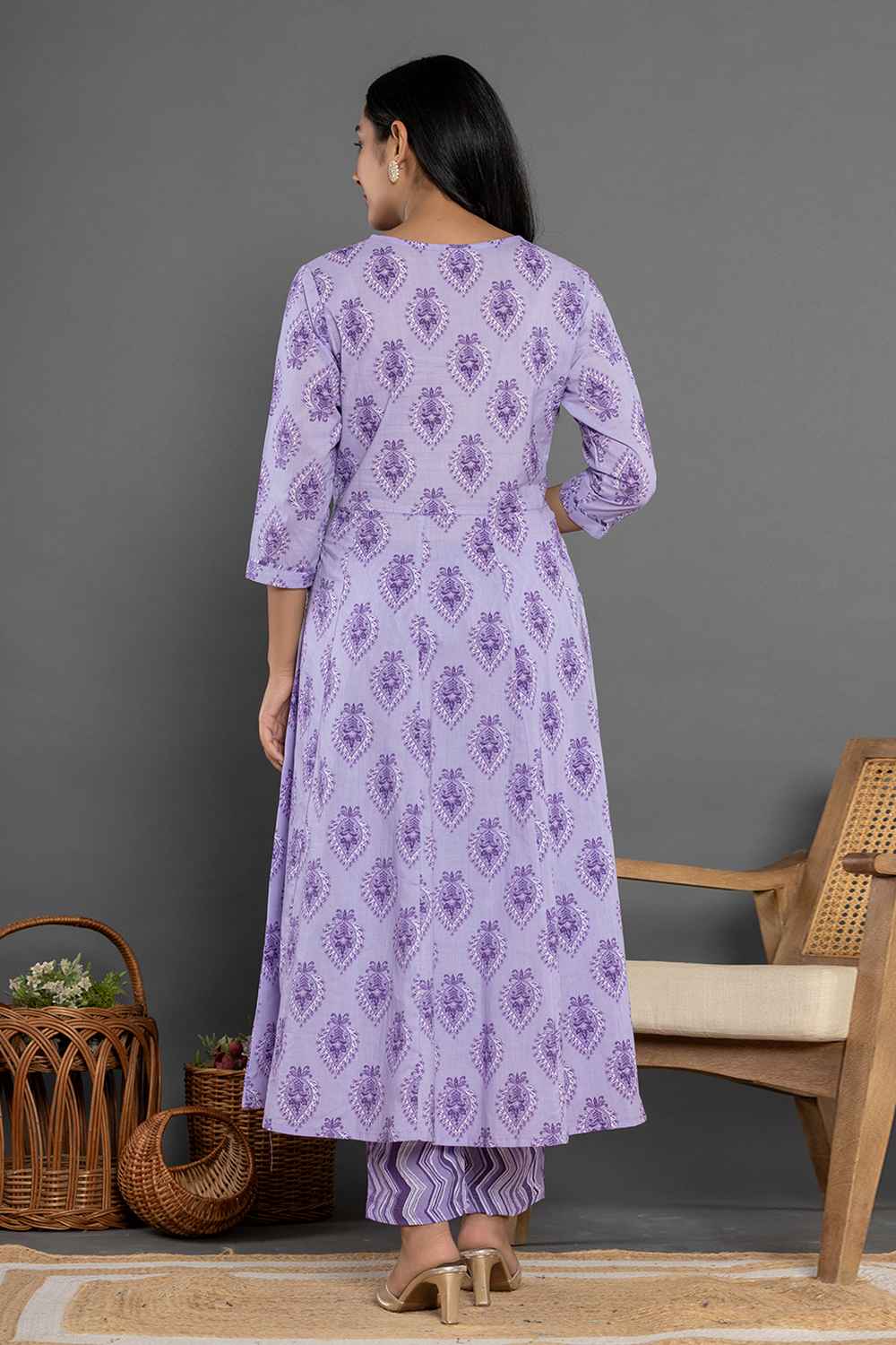 Violet Ethnic Motifs Pure Cotton Kurti Set