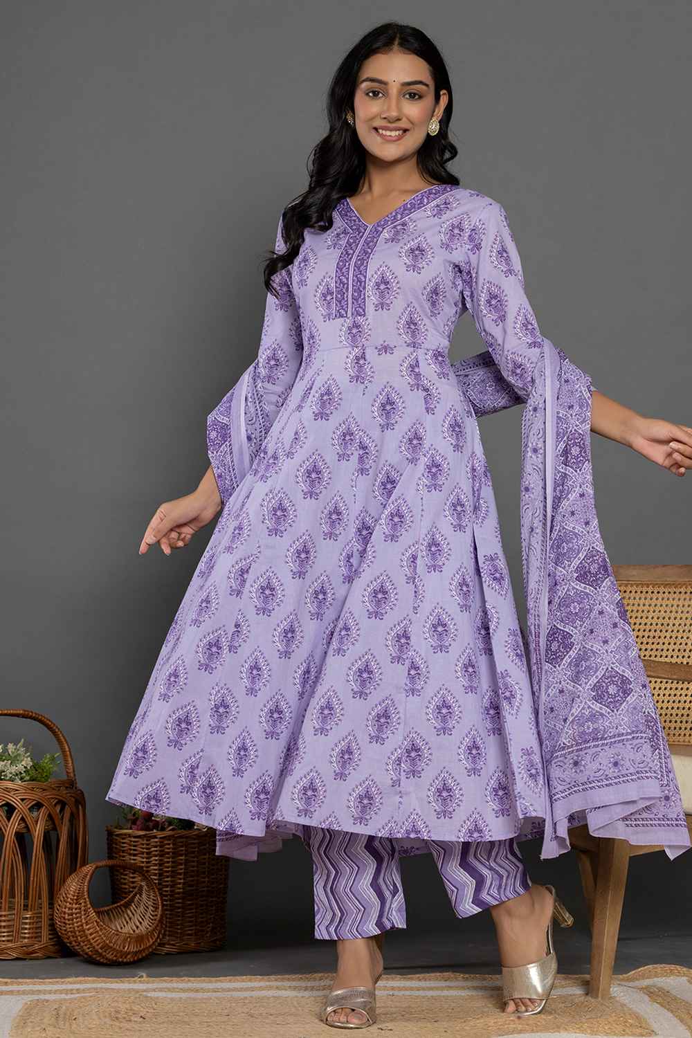 Violet Ethnic Motifs Pure Cotton Kurti Set