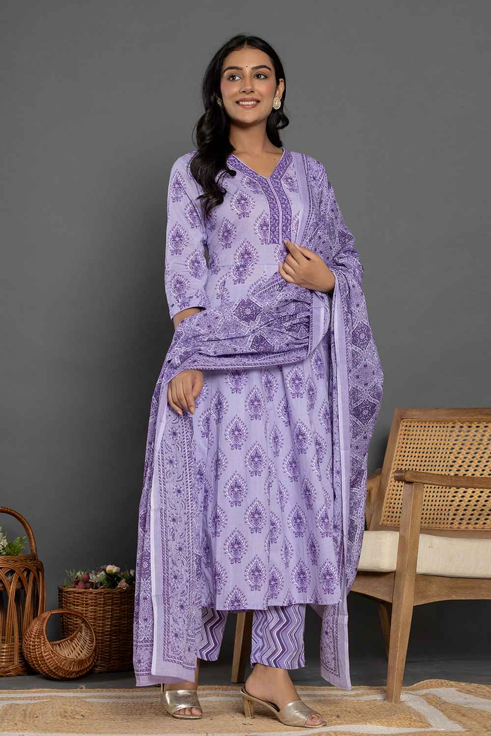 Violet Ethnic Motifs Pure Cotton Kurta Set