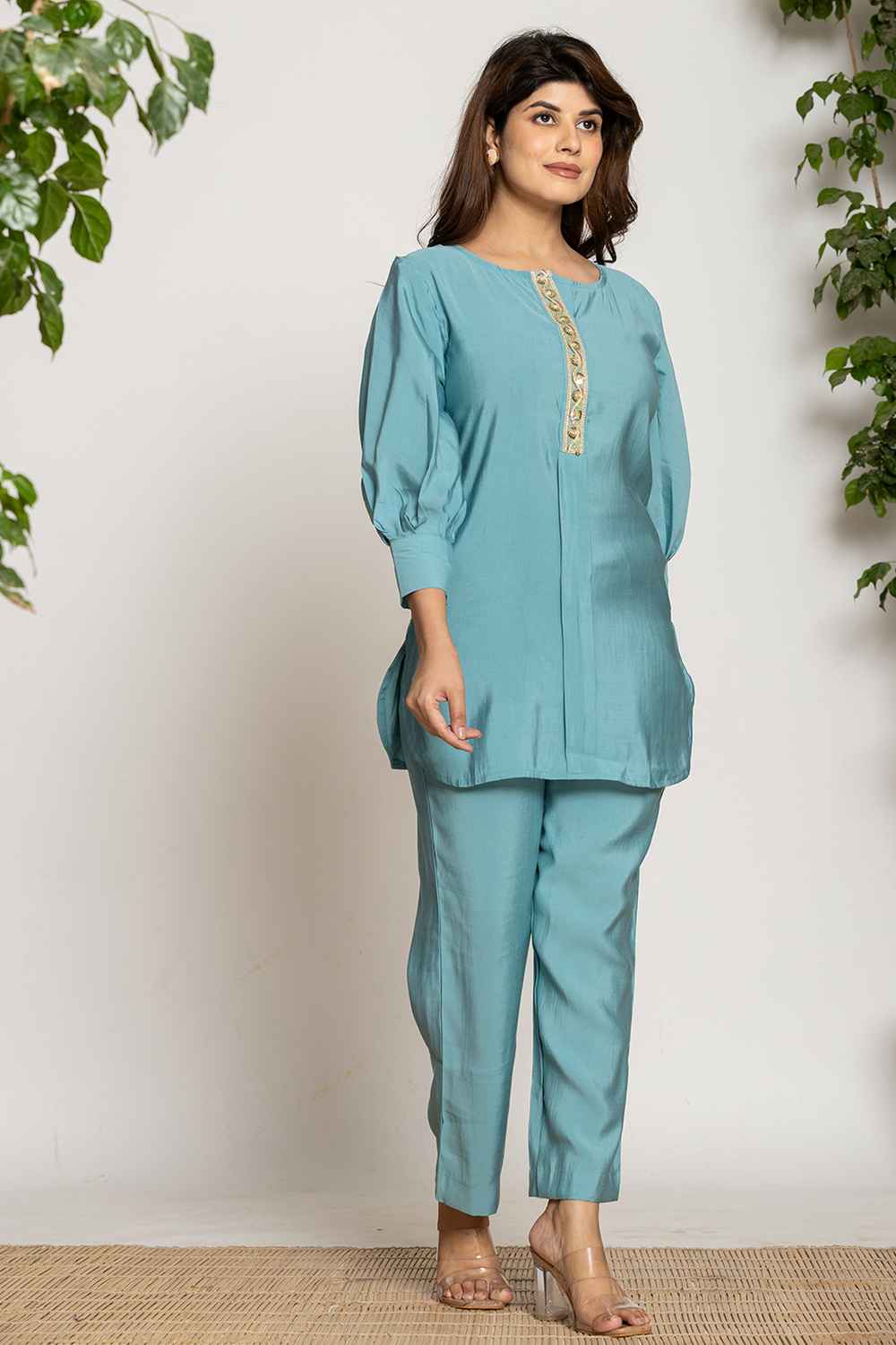 Turquoise Sequins Silk Co-Ord Set