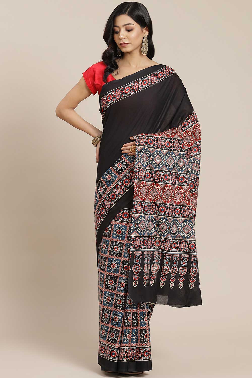 Blended Cotton Block Printed Saree In Black