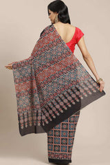 Blended Cotton Block Printed Saree In Black