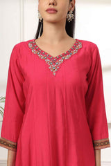 Pink Solid Beads and Stones Embossed Silk Kurta Set