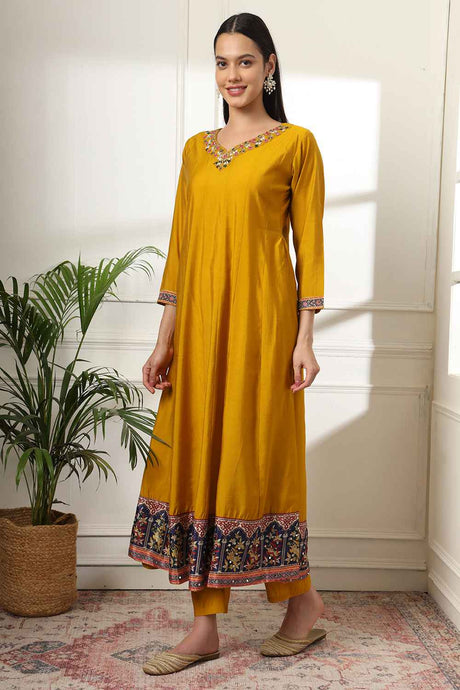 Yellow Solid Beads and Stones Embossed Silk Kurti Set