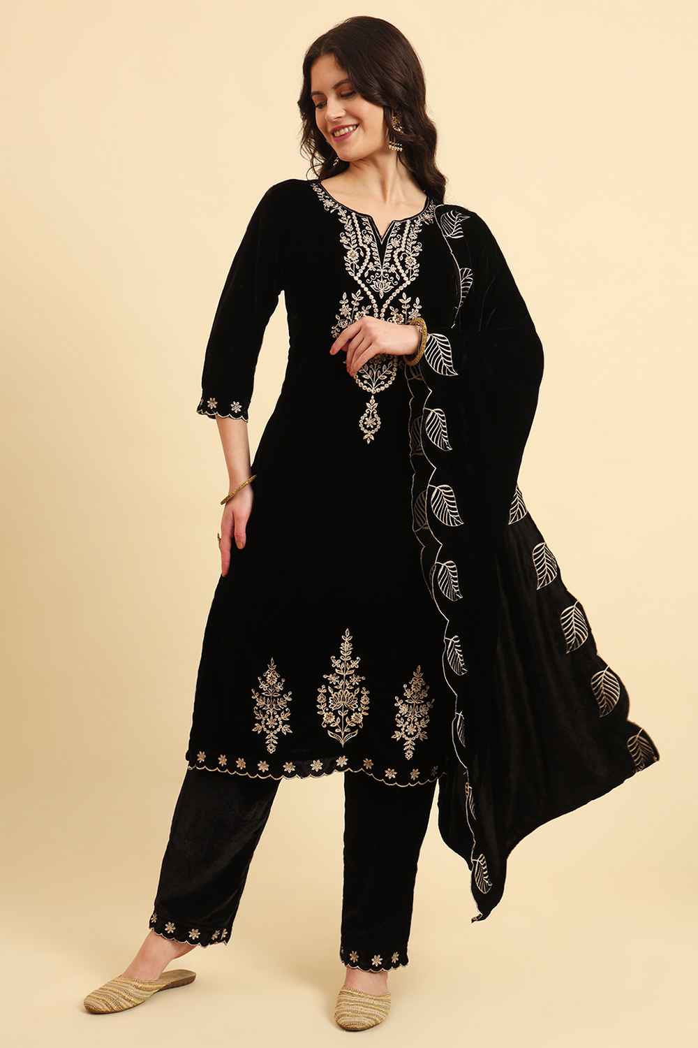 Black Solid Thread Work Velvet Kurti Set