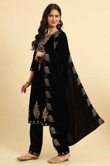 Black Solid Thread Work Velvet Kurti Set