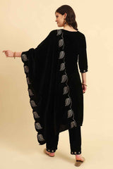 Black Solid Thread Work Velvet Kurti Set