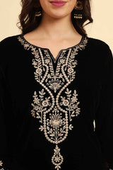 Black Solid Thread Work Velvet Kurti Set