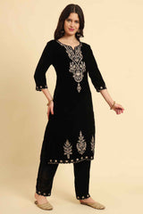 Black Solid Thread Work Velvet Kurti Set