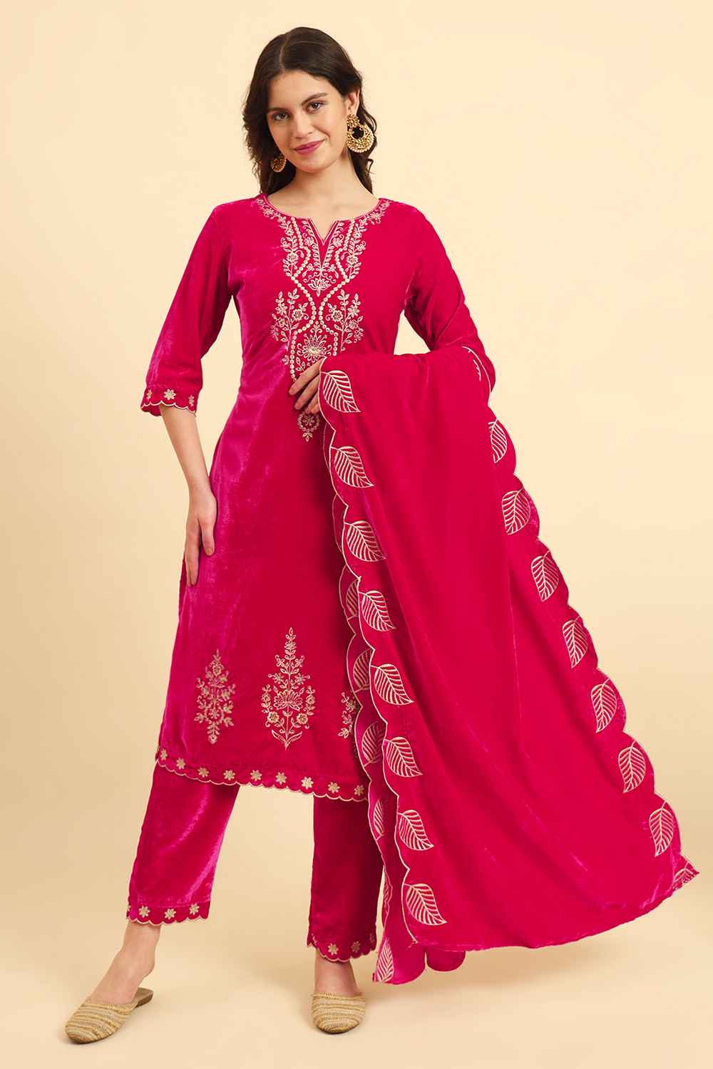 Pink Solid Thread Work Velvet Kurti Set