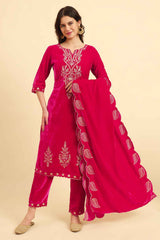 Pink Solid Thread Work Velvet Kurta Set