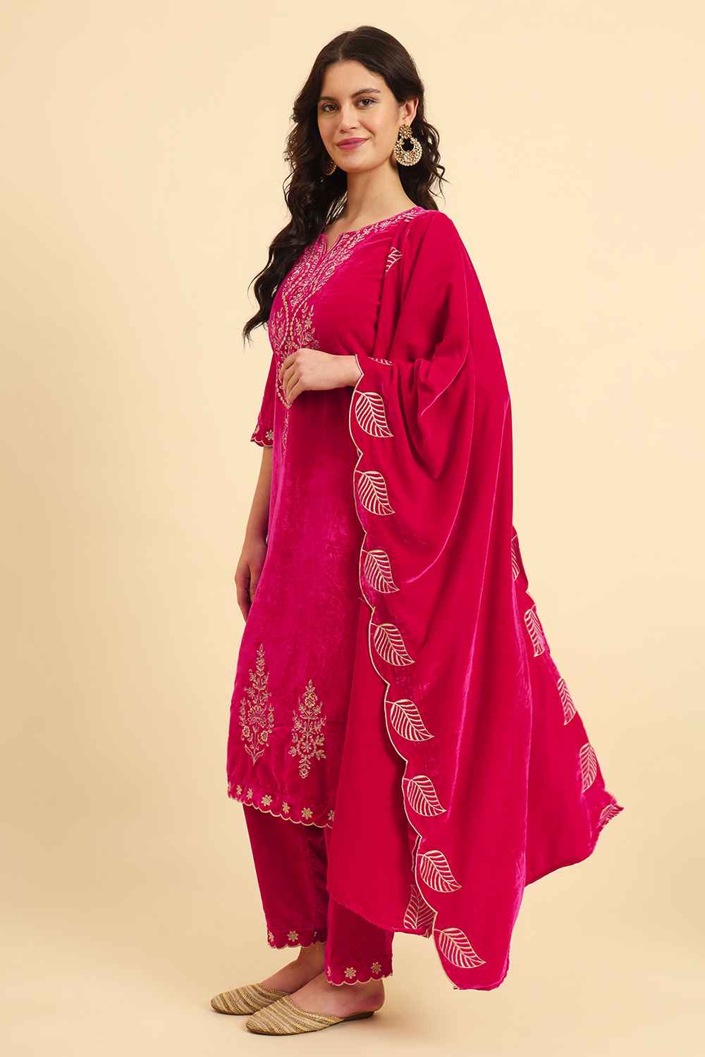 Pink Solid Thread Work Velvet Kurta Set