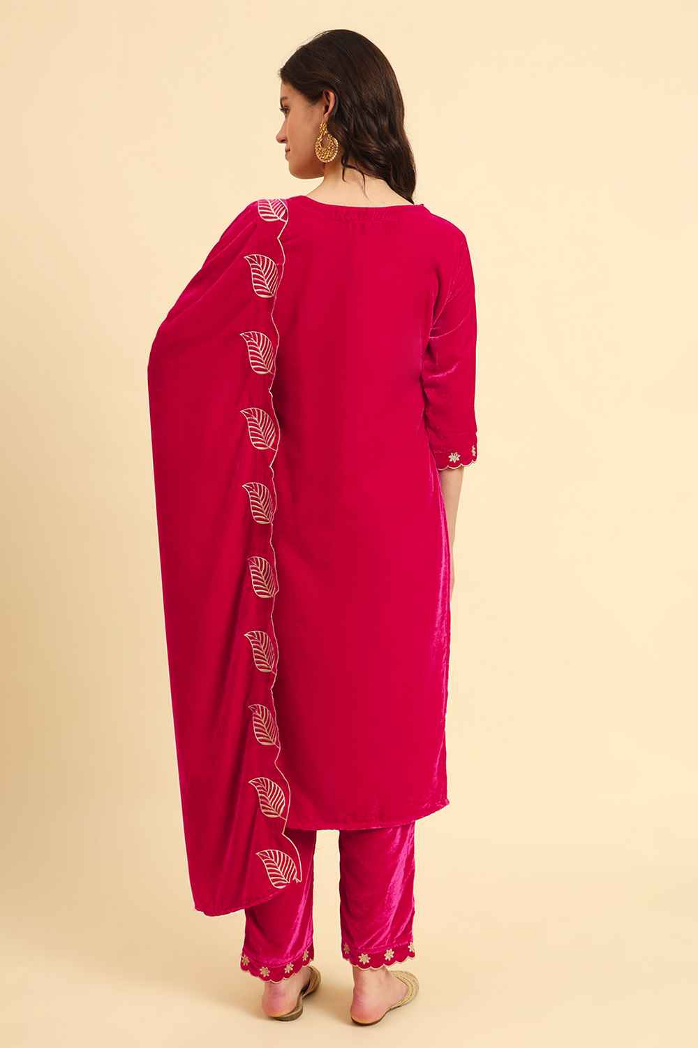 Pink Solid Thread Work Velvet Kurta Set