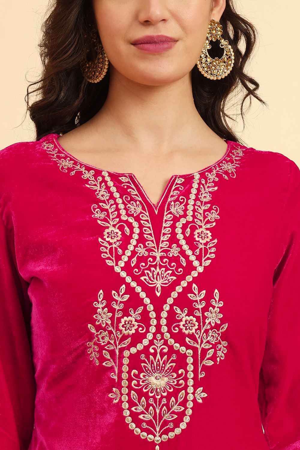 Pink Solid Thread Work Velvet Kurti Set