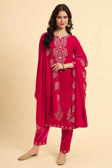 Pink Solid Thread Work Velvet Kurti Set