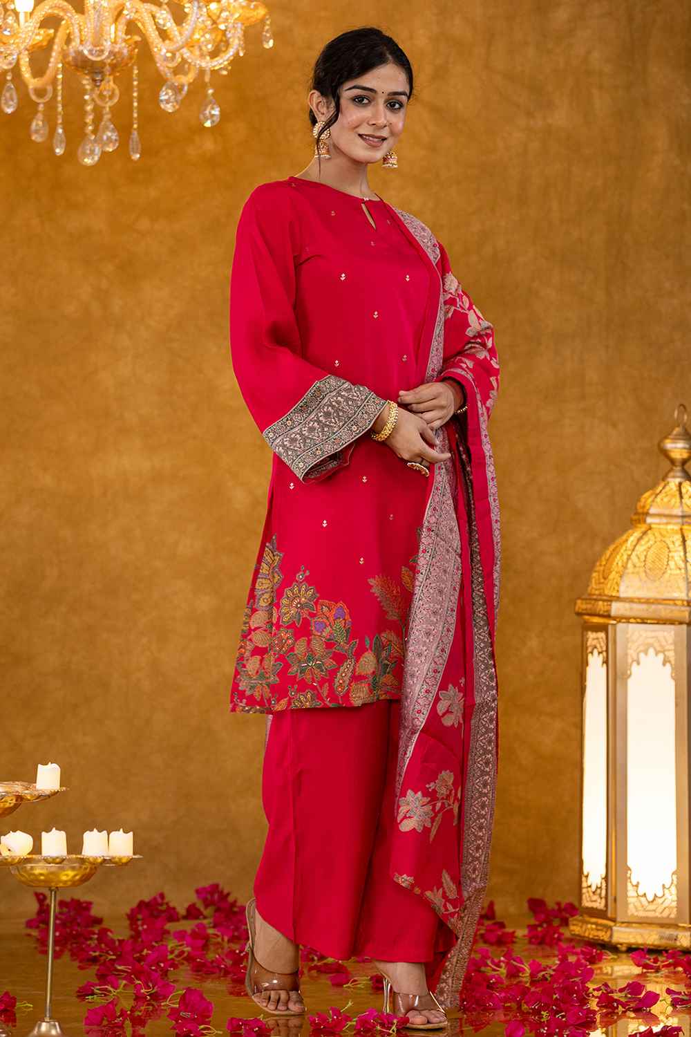 Pink Floral Print Silk Kurta Set