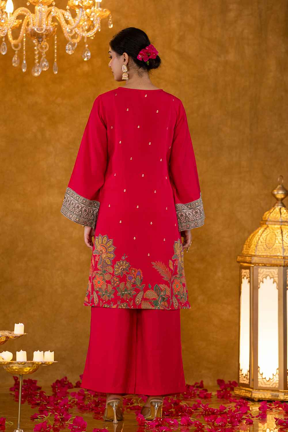 Pink Floral Print Silk Kurta Set