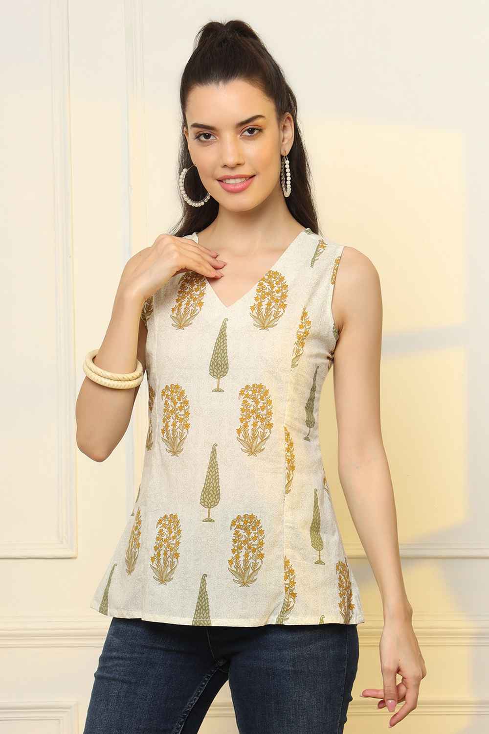 Yellow Ethnic Motifs Pure Cotton Top