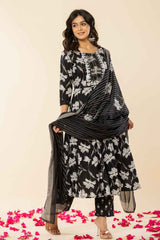 Black Floral Print Sequins Work Pure Cotton Kurta Set