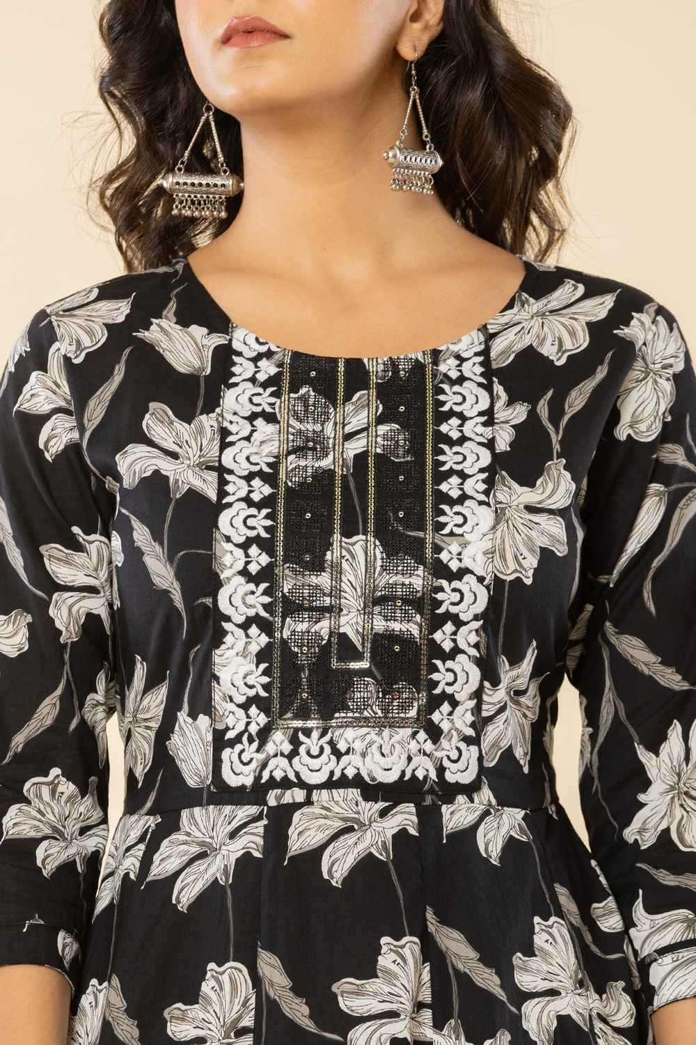 Black Floral Print Sequins Work Pure Cotton Kurta Set