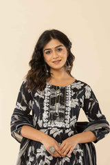 Black Floral Print Sequins Work Pure Cotton Kurta Set