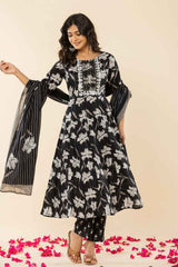 Black Floral Print Sequins Work Pure Cotton Kurta Set