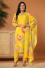 Yellow Floral Print Embroidered Muslin Silk Kurta Set