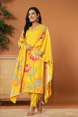 Yellow Floral Print Embroidered Muslin Silk Kurta Set