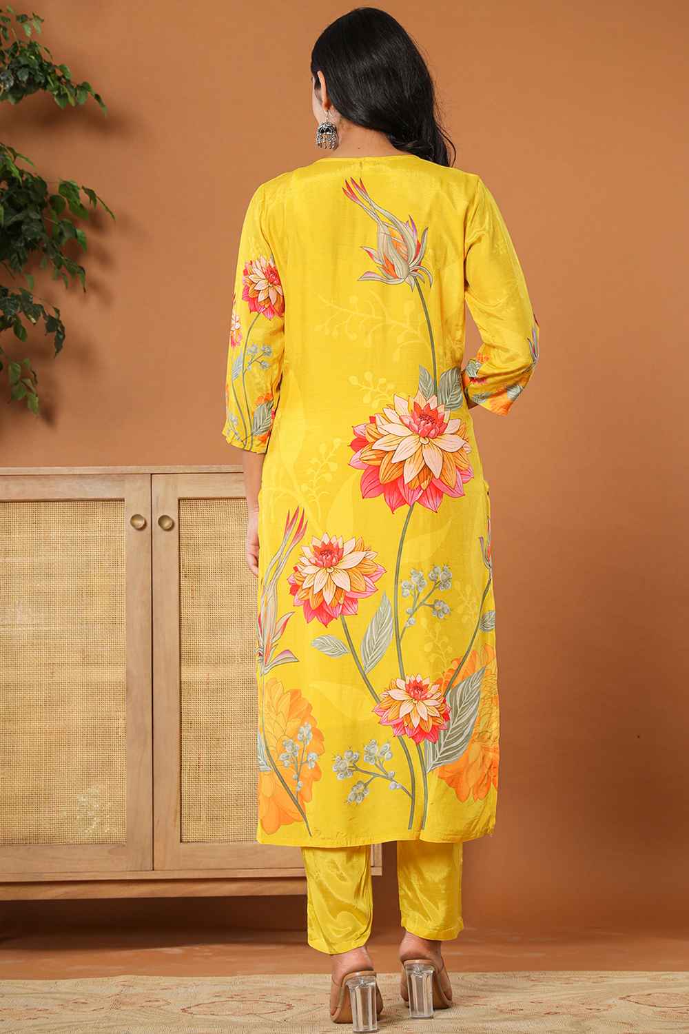 Yellow Floral Print Embroidered Muslin Silk Kurta Set