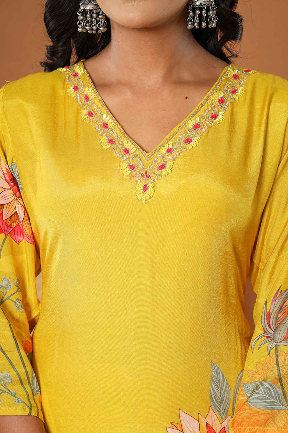 Yellow Floral Print Embroidered Muslin Silk Kurta Set