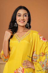 Yellow Floral Print Embroidered Muslin Silk Kurta Set