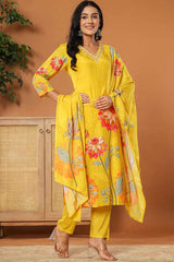 Yellow Floral Print Embroidered Muslin Silk Kurta Set