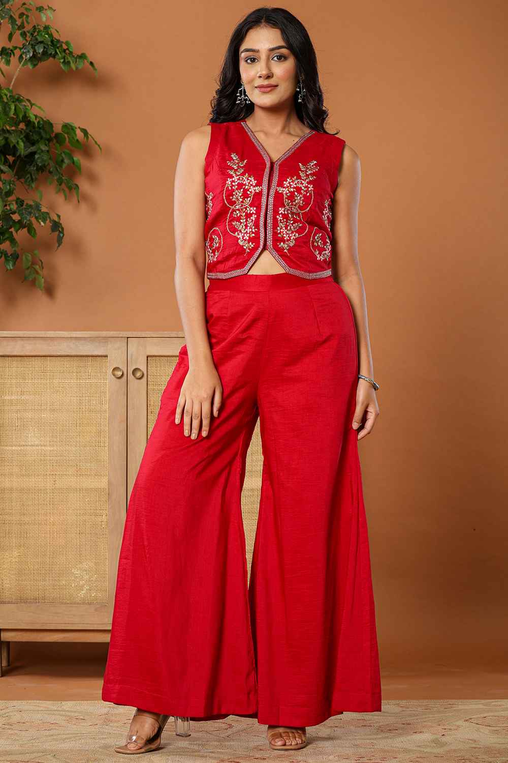 Red Thread Work Cotton Co-Ord Set