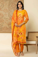 Orange Floral Print Sequins Work Organza Kurta Set