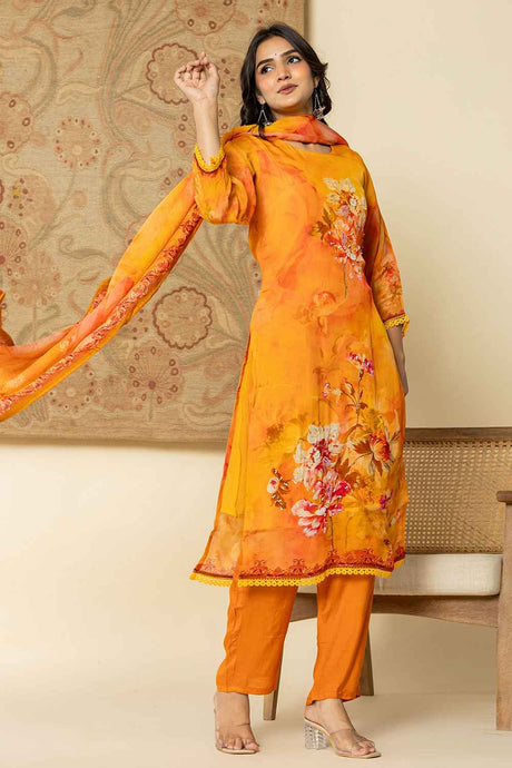 Orange Floral Print Sequins Work Organza Kurta Set