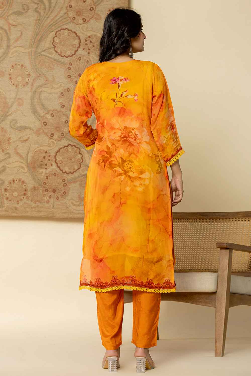 Orange Floral Print Sequins Work Organza Kurta Set